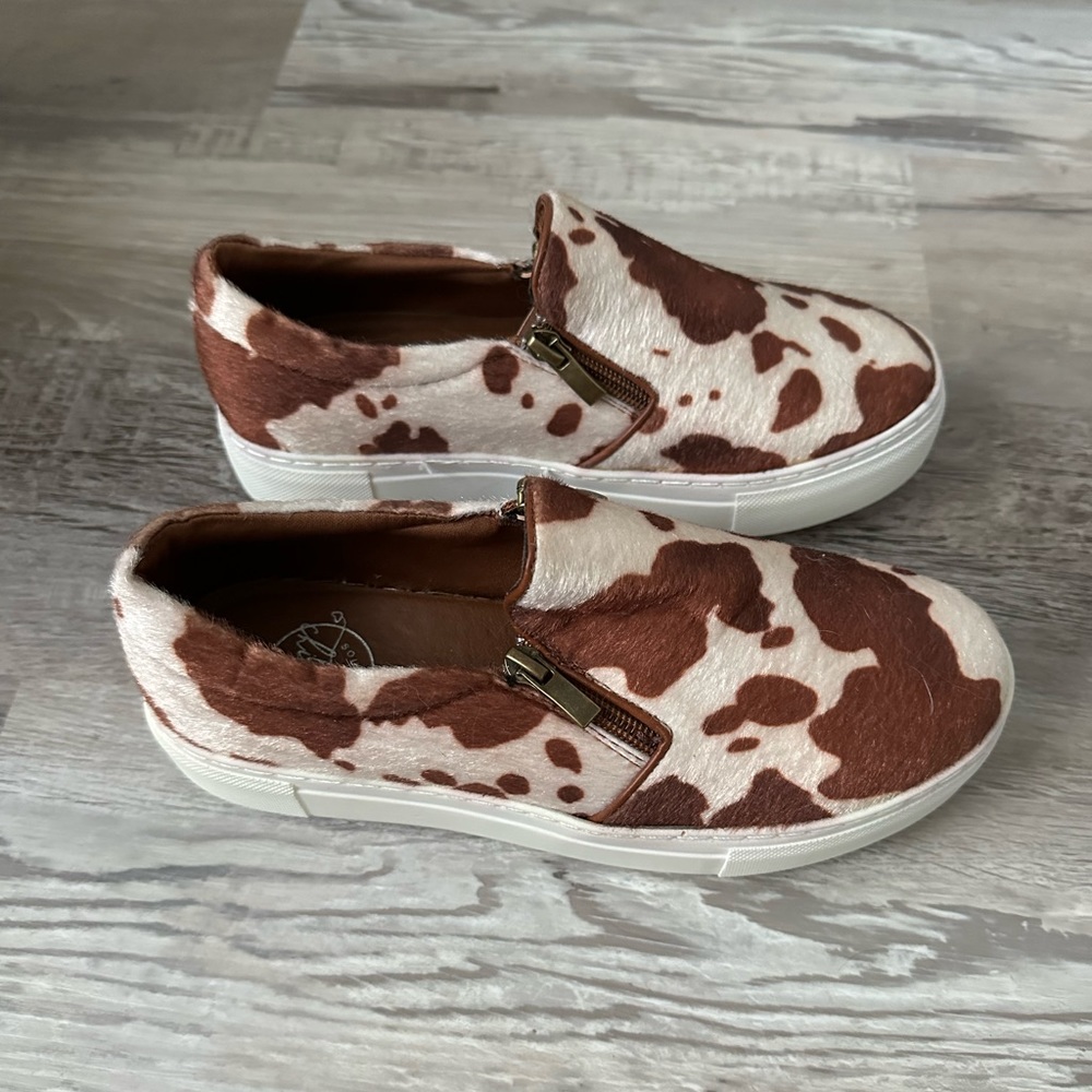 Size 6 cow print slip on shoes